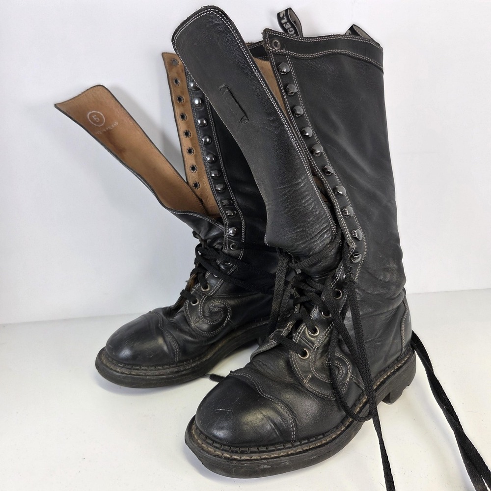 John Fluevog Boots Womens 5 Black Leather Tall Combat Lace Up